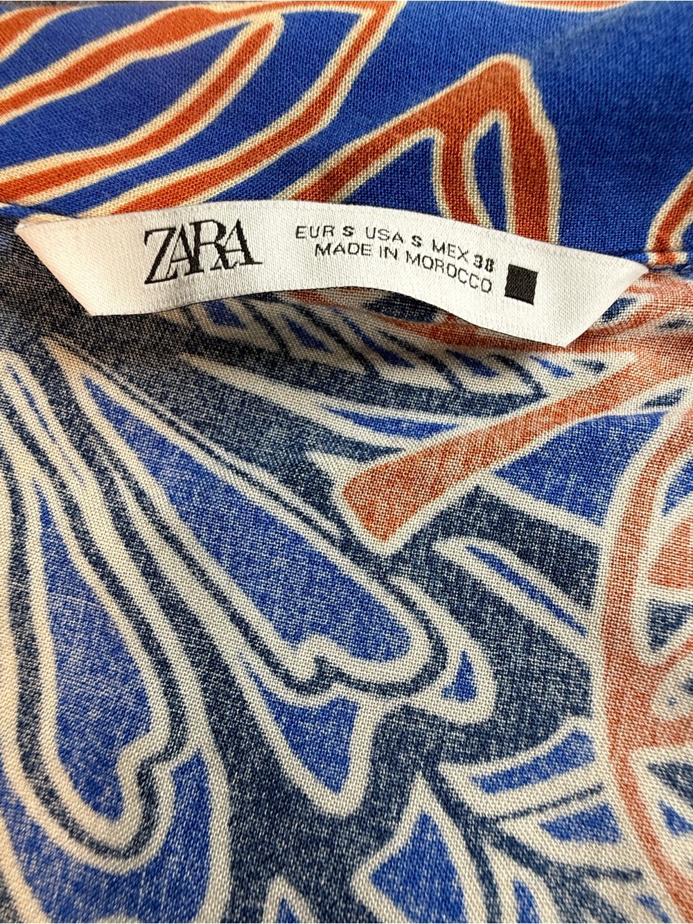 Zara Tropical Print Camp Collar Button Front Shirt‎ Blouse Blue Orange Women's S - Picture 6 of 10